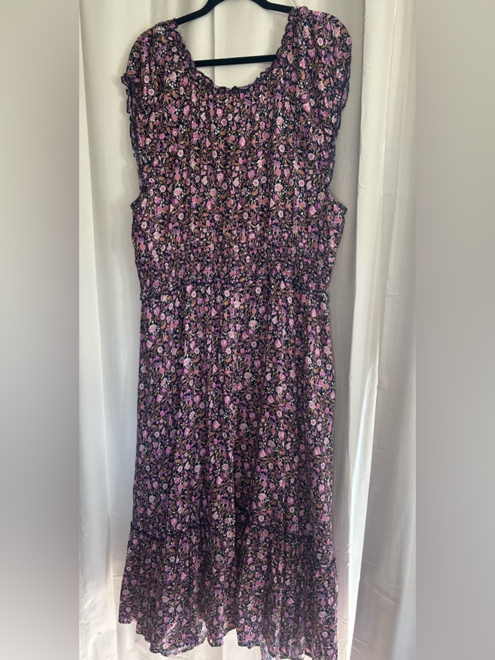 Old Navy Dark Ditsy Pink Purple Floral Cotton Blend Maxi Dress Milkmaid Boho